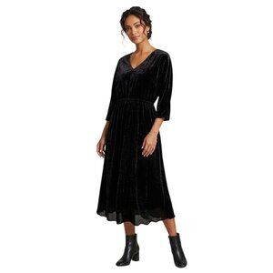 Garnet Hill V Neck Black Velvet Midi Dress Black Pockets Size M